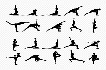 A collection of black silhouettes showing women in various yoga poses and asanas for fitness and wellness.