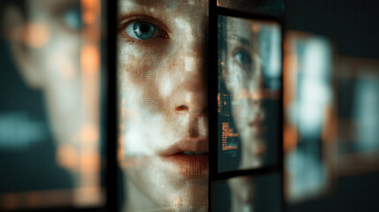 Digital visage of a captivating person's portrait, merging art and technology with digital patterns and mirroring effects