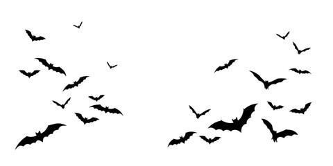 Set of flying bat silhouettes forming a border or frame element for Halloween design, isolated on white background, vector illustration.