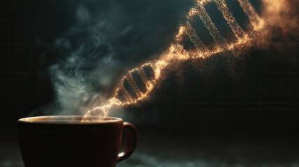 A surreal image showcasing a DNA strand emanating from a coffee cup