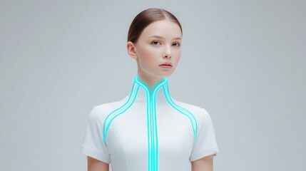 A futuristic woman stands confidently, her sleek white attire highlighted by glowing neon lines, exuding a sense of technological elegance and poised serenity.