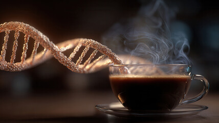 A conceptual image showcasing DNA strands intertwining with a cup of coffee, suggesting a connection between health and beverages. The image evokes a sense of scientific inquiry and refreshment.
