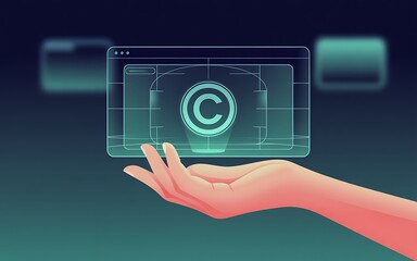 Hand holding a holographic digital interface displaying a copyright symbol on a dark blue background with blurred digital elements