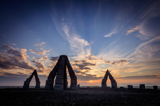 The Arctic Henge at sunset, Raufarhofn, Northern Iceland, Iceland