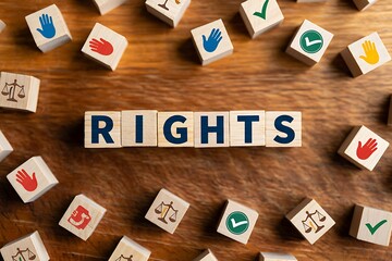 Wooden letter blocks spelling out the word rights surrounded by smaller blocks featuring various symbols representing human rights and freedoms on a wooden surface