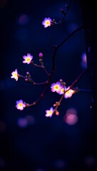 an enchanting, nighttime scene with delicate, glowing flowers on a dark tree branch 