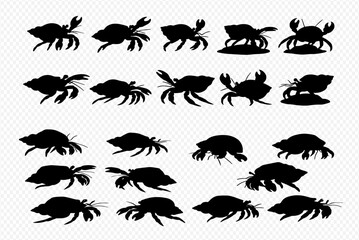 Naklejka premium A collection of black silhouettes depicting various crabs and hermit crabs in different poses and angles on a transparent background.