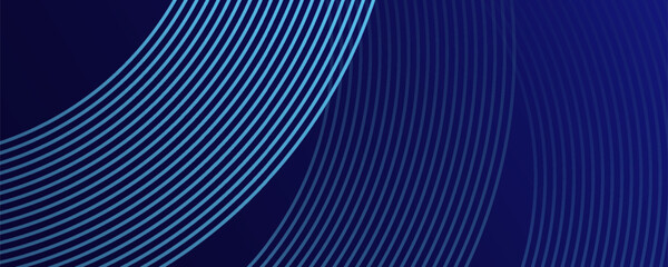Abstract blue geometric lines shining on a dark blue background. Modern shiny blue circle lines pattern.