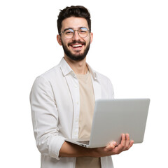 A confident young man with dark hair and glasses smiles brightly while cradling a laptop against a transparent background(PNG).