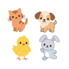 Fototapeta premium Adorable cartoon kittens, puppies, chicks, and bunnies.