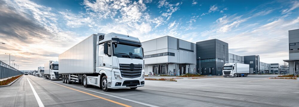 Modern Logistics Center with Parked Trucks and Empty Road Space, Copy Space for Text, Transportation Industry Scene