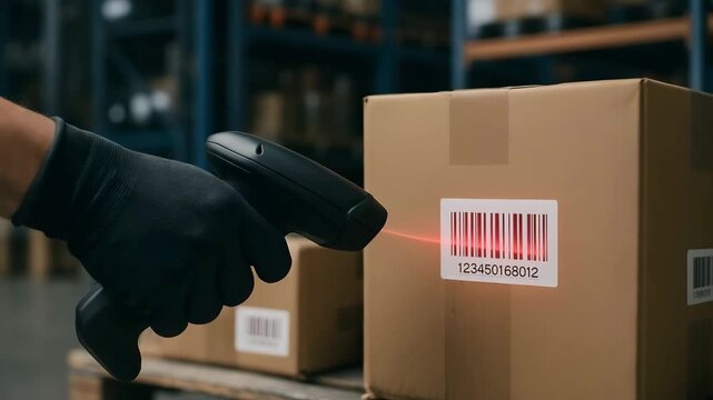 Warehouse worker scanning a barcode on a box. 