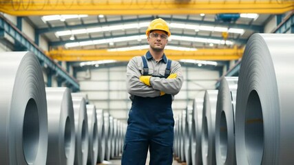 Man in a hard hat and protective overalls standing confidently in a factory with large metal rolls a powerful industrial portrait of a skilled worker