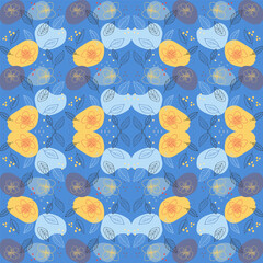 Bright seamless pattern featuring red yellow and blue abstract flowers with stylized leaves in repeating layout.
