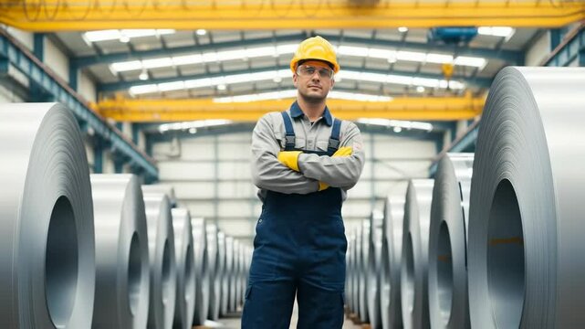 Man in a hard hat and protective overalls standing confidently in a factory with large metal rolls a powerful industrial portrait of a skilled worker
