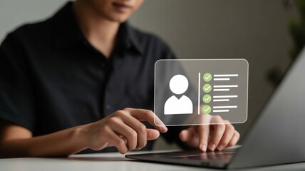 Man meticulously reviews candidate profile with checklist and verified status on futuristic digital interface, streamlining HR processes and talent acquisition.