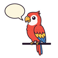 A cheerful cartoon scarlet macaw perched on a branch, ready to speak.