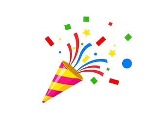 Brightly colored party popper exploding with confetti and streamers celebrating a festive occasion