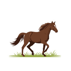 A brown horse gracefully canters across a patch of green grass.