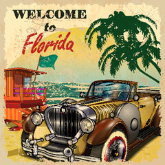 Vintage New York travel poster with city skyline, Statue of Liberty, and retro black classic car in nostalgic art deco style illustration