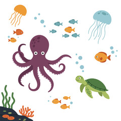 Colorful cartoon illustration of various marine animals swimming in the ocean.