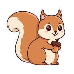 A cartoon squirrel with a fluffy tail holds an acorn.