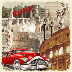 Retro Rome travel poster with the Colosseum, Roman statues, and vintage red car in classic nostalgic illustration style