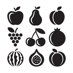 Collection of nine distinct fruit icons presented in a clean modern black silhouette style on a white background