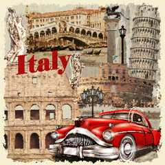 Vintage Italy travel poster featuring the Colosseum in Rome with classic red car, ancient architecture, and retro postcard style illustration