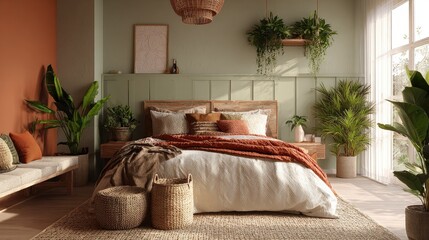 close-up of a bohemian bedroom with woven textures and plants, color tones: terracotta orange, sage green, and cream