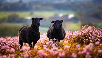 black sheep in a field of flowers