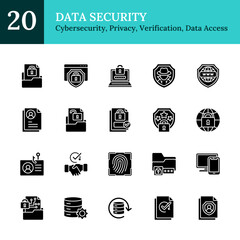 Data Security Glyph Icon Sheet Vector Design - representing cybersecurity, privacy protection, identity verification, and secure data access