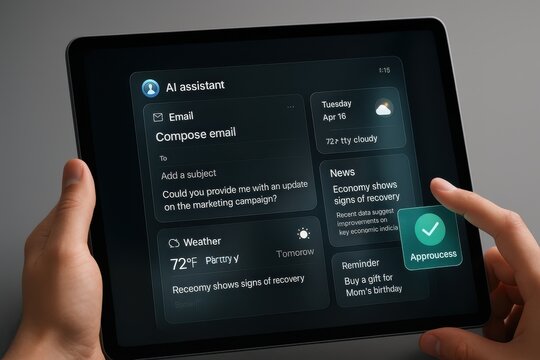 Tablet with AI assistant managing email, news updates, reminders, and weather in all-in-one smart interface
- Powered by Adobe