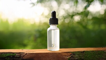 clear glass skincare bottle with dropper on wooden block in nature background