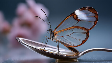 Glasswing Butterfly on Spoon with Liquid Close Up Macro Still Life