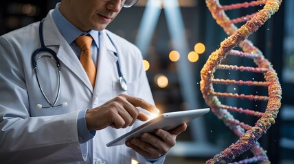 Doctor analyzing dna helix on tablet in futuristic laboratory