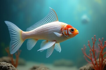 Naklejka premium Graceful Orange and White Fish in Aqua Background ai generated
