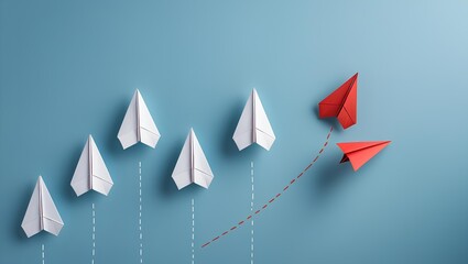 five paper airplanes arranged in a row on a soft blue background 