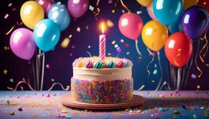 colorful birthday cake with candles on bright yellow background during celebration
