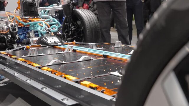 A group of people closely examining the chassis and powertrain of an electric vehicle (EV) at an auto show. The battery pack, orange high-voltage cables, suspension system, and electric motor.