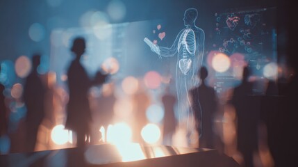 Fototapeta premium Shadowed medium shot of stage figure sharing a stark Stage4 cancer chart with indistinct blurry supporters sending streaming virtual hearts illustrating collective empathy in