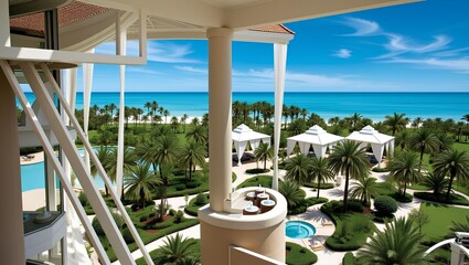 Overhead view of a luxury tropical resort with palm-lined walkways and beachfront cabanas 