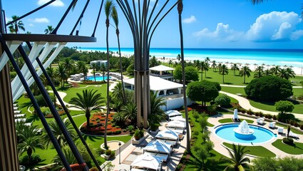 Overhead view of a luxury tropical resort with palm-lined walkways and beachfront cabanas 