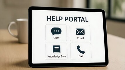 A close-up shot of a tablet screen displaying a Help Portal with various communication options. 