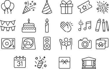 Events and Party Icon Set | Celebration, Decorations, and Fun Outline Icons