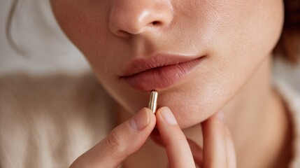 Medium closeup on skincare professional highlighting retinol capsule in hand sharply defined against a dreamy unfocused backdrop of less effective treatments disappearing gently.