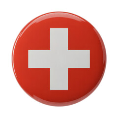 Obraz premium Swiss flag button with a white cross and red background, symbol of Switzerland and neutrality