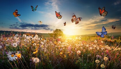 enchanted meadow bathed in golden sunlight wildflowers in bloom whimsical butterflies fluttering magical atmosphere idyllic landscape colorful spring countryside