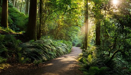 enjoying a peaceful walk along the scenic forest path with lush greenery and sunlight filtering through the trees