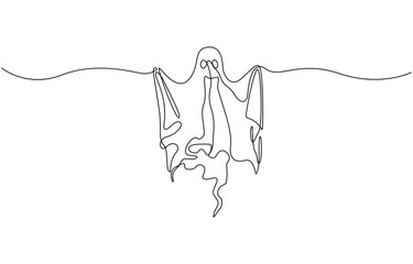 Continuous one line drawing of ghost cloth floating on the ceiling, representing the supernatural presence of Halloween spooky concept one line vector illustration.